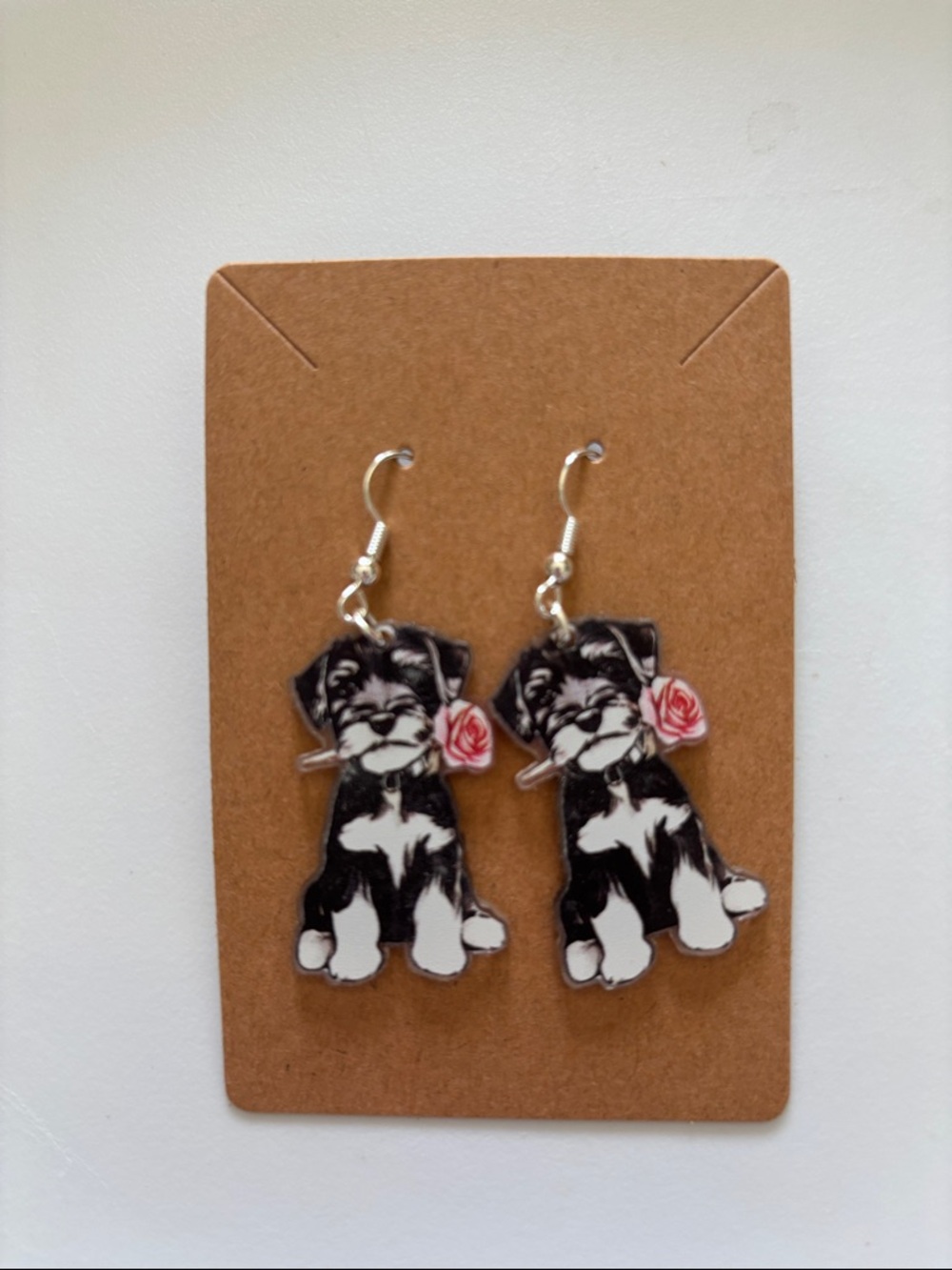Fashion Jewelry Black & White Puppy Earrings with Pink Rose